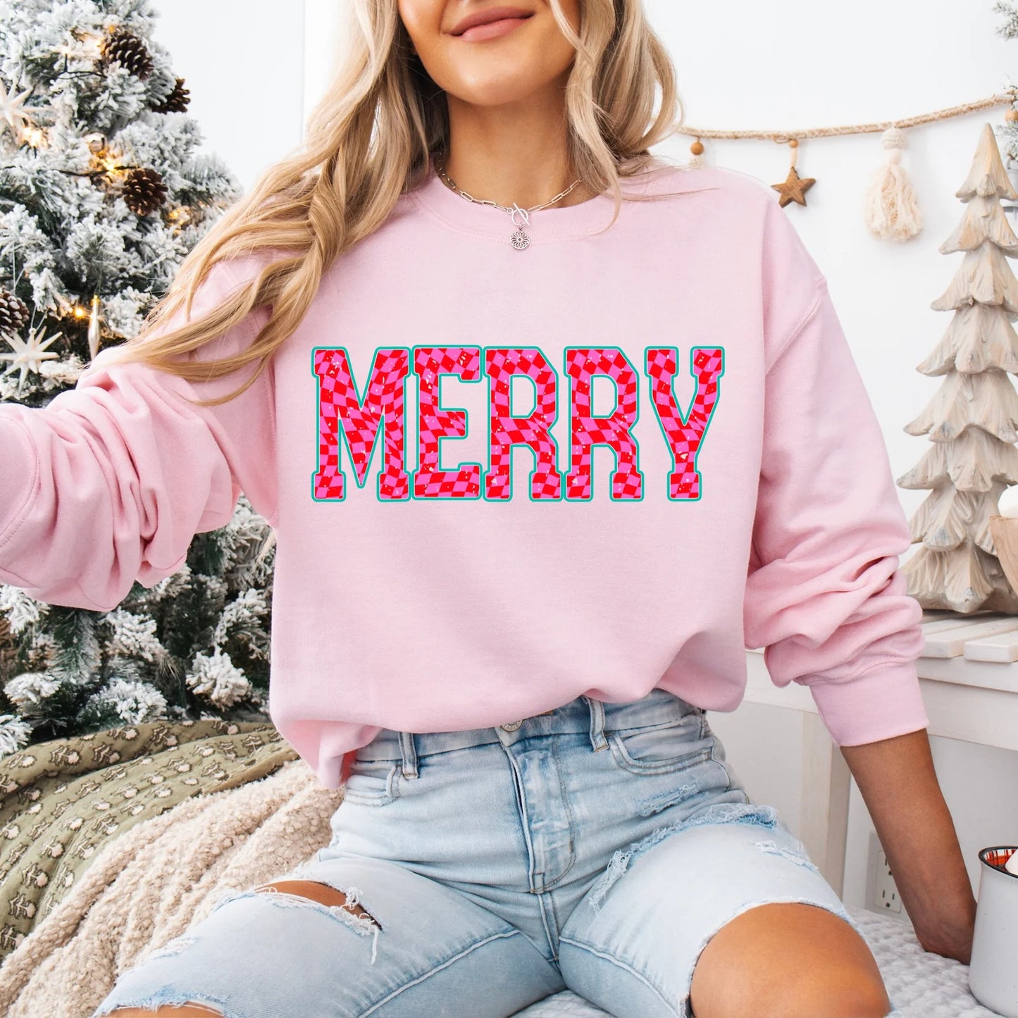 Merry Pink and Red Print Crew