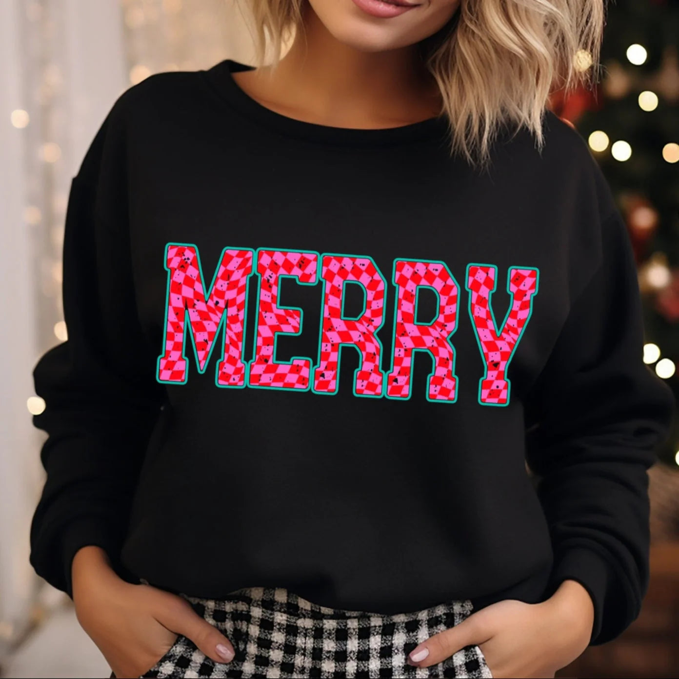 Merry Pink and Red Print Crew