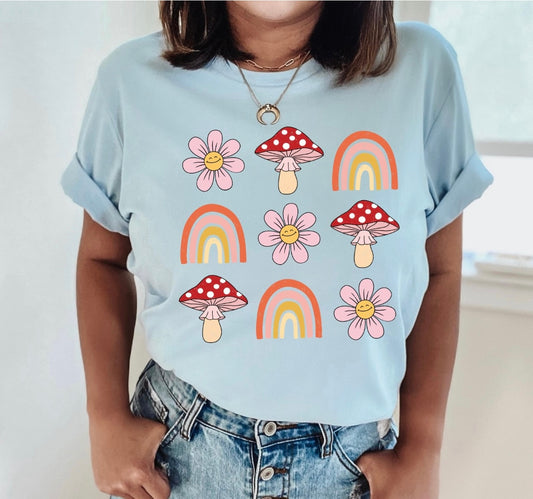 Mushroom, Flower and Rainbow Print Crew