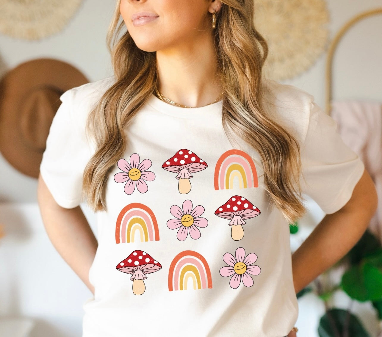 Mushroom, Flower and Rainbow Print Tee