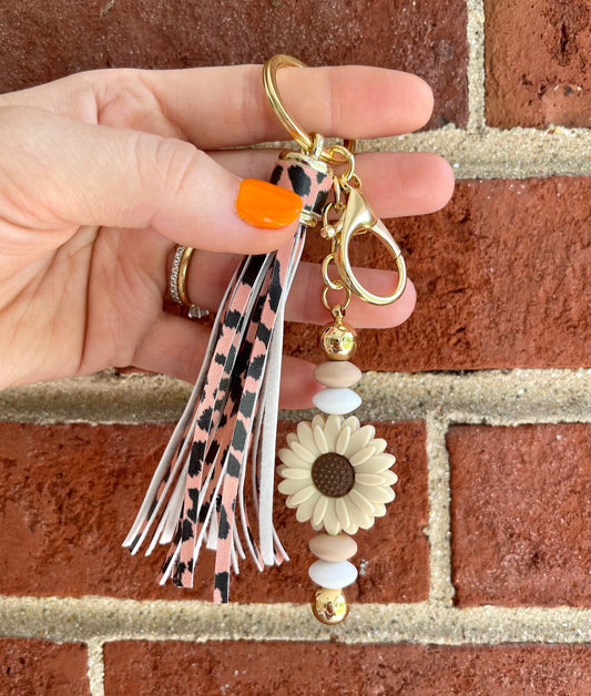 Sunflower Beaded Keychain with Leather Tassel