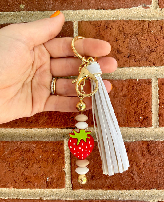 Strawberry Beaded Keychain with Leather Tassel