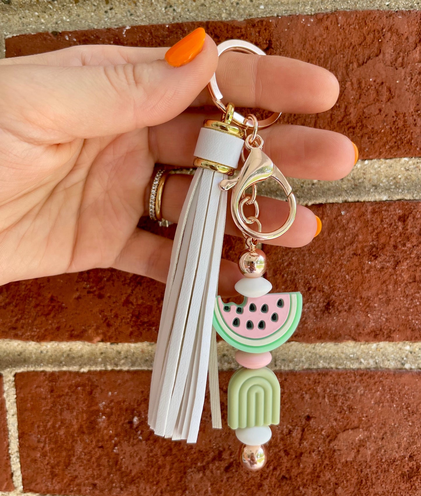 Watermelon Beaded Keychain with Leather Tassel