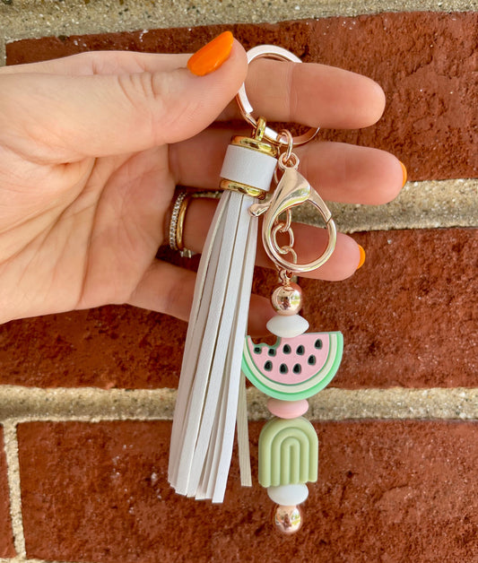 Watermelon Beaded Keychain with Leather Tassel