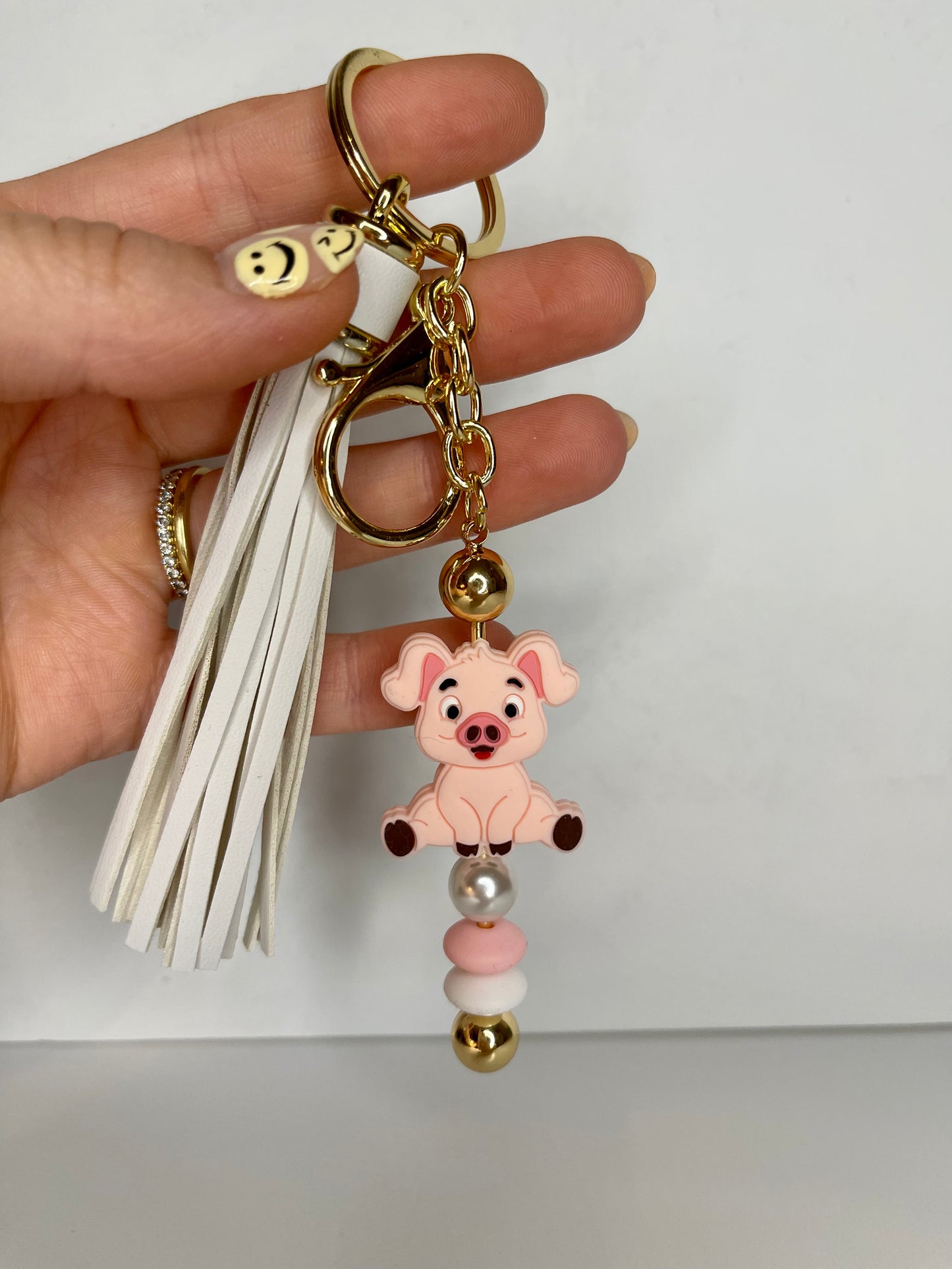 Pig Beaded Keychain with Leather Tassel