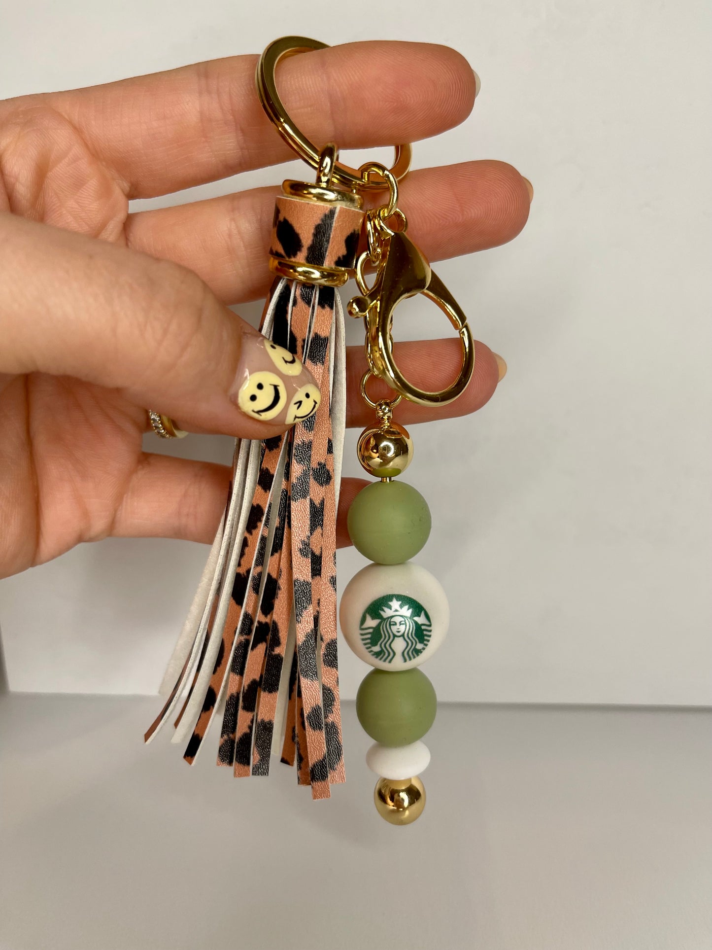 Sbux Beaded Keychain with Leather Tassel