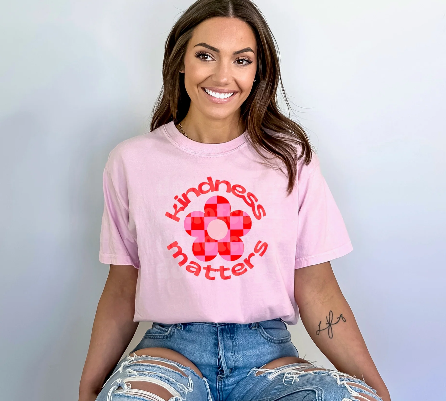 Kindness Matters Checkered Flower Print Tee