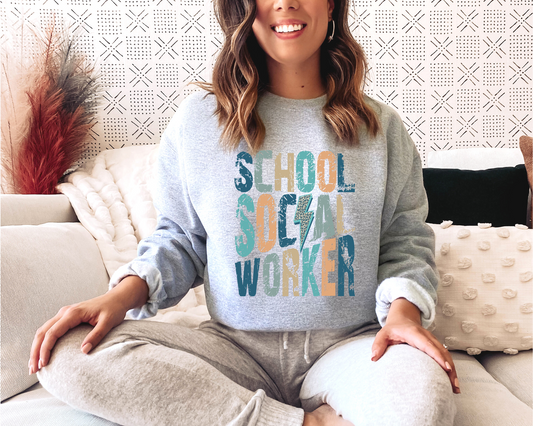 School Social Worker Lightening Bolt Print Crew