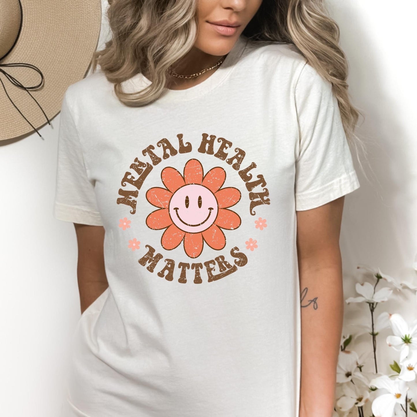 Mental Health Matters Smiley Flower Print Crew